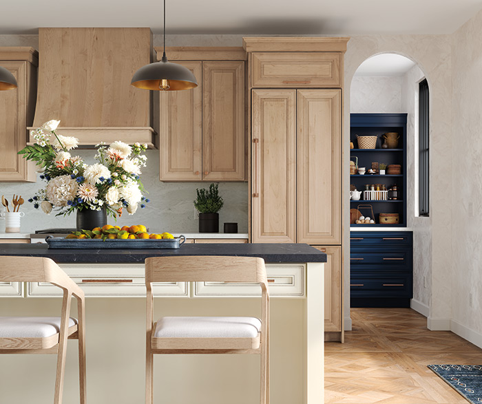 Kitchen with Blue Walk In Pantry